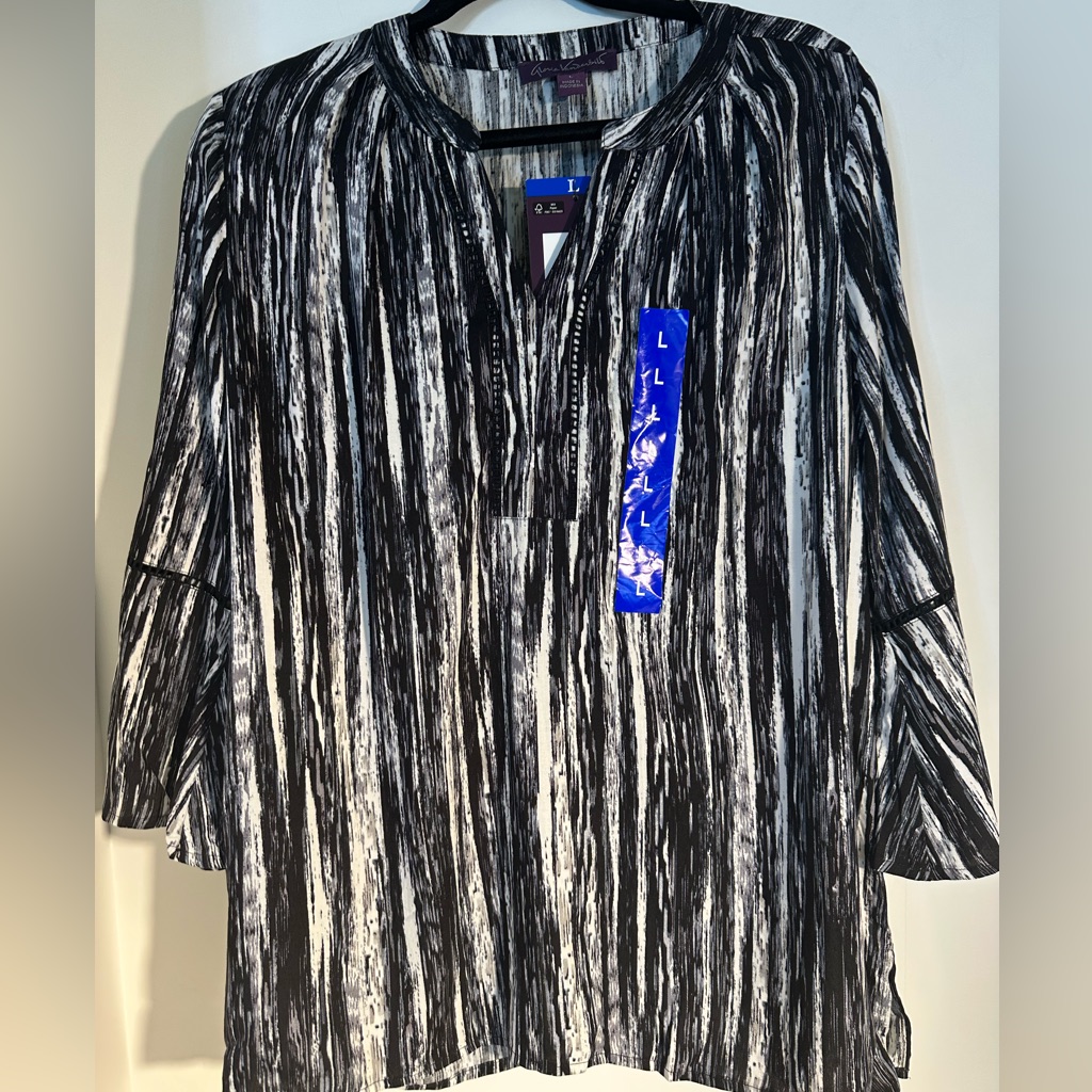 Women’s Gloria Vanderbilt Black And White Striped Tunic Style Top Sz L Nwts
